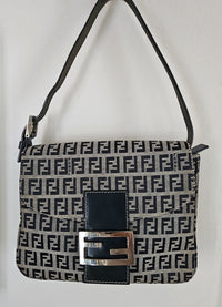 Vintage Fendi Mama Baguette Bag in Zucca Canvas with Navy Blue Leather Accents