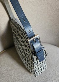 Vintage Fendi Mama Baguette Bag in Zucca Canvas with Navy Blue Leather Accents