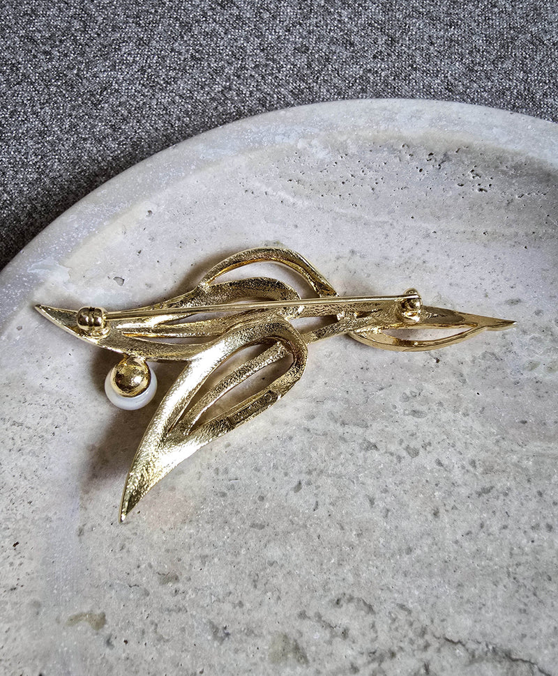 Vintage Nina Ricci Gold-Tone Crystal & Faux Pearl Brooch