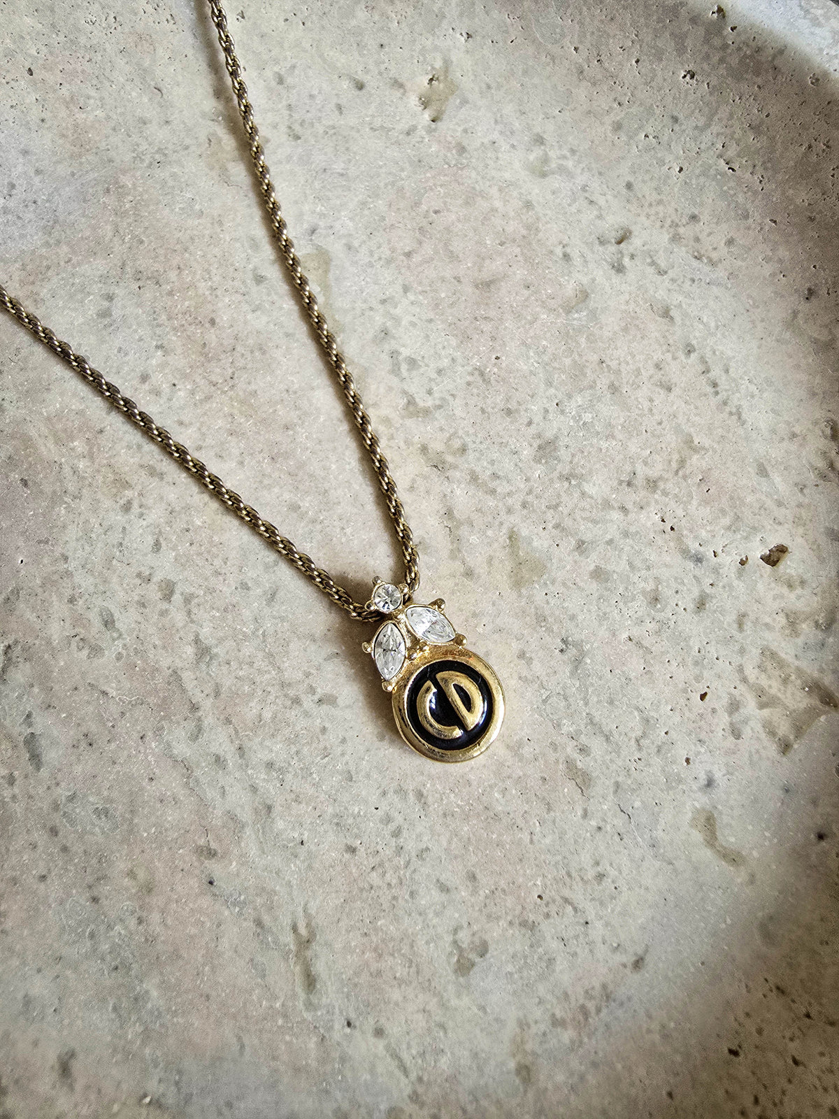 Vintage Christian Dior Gold-Tone CD Logo Pendant Necklace with Crystal Accents