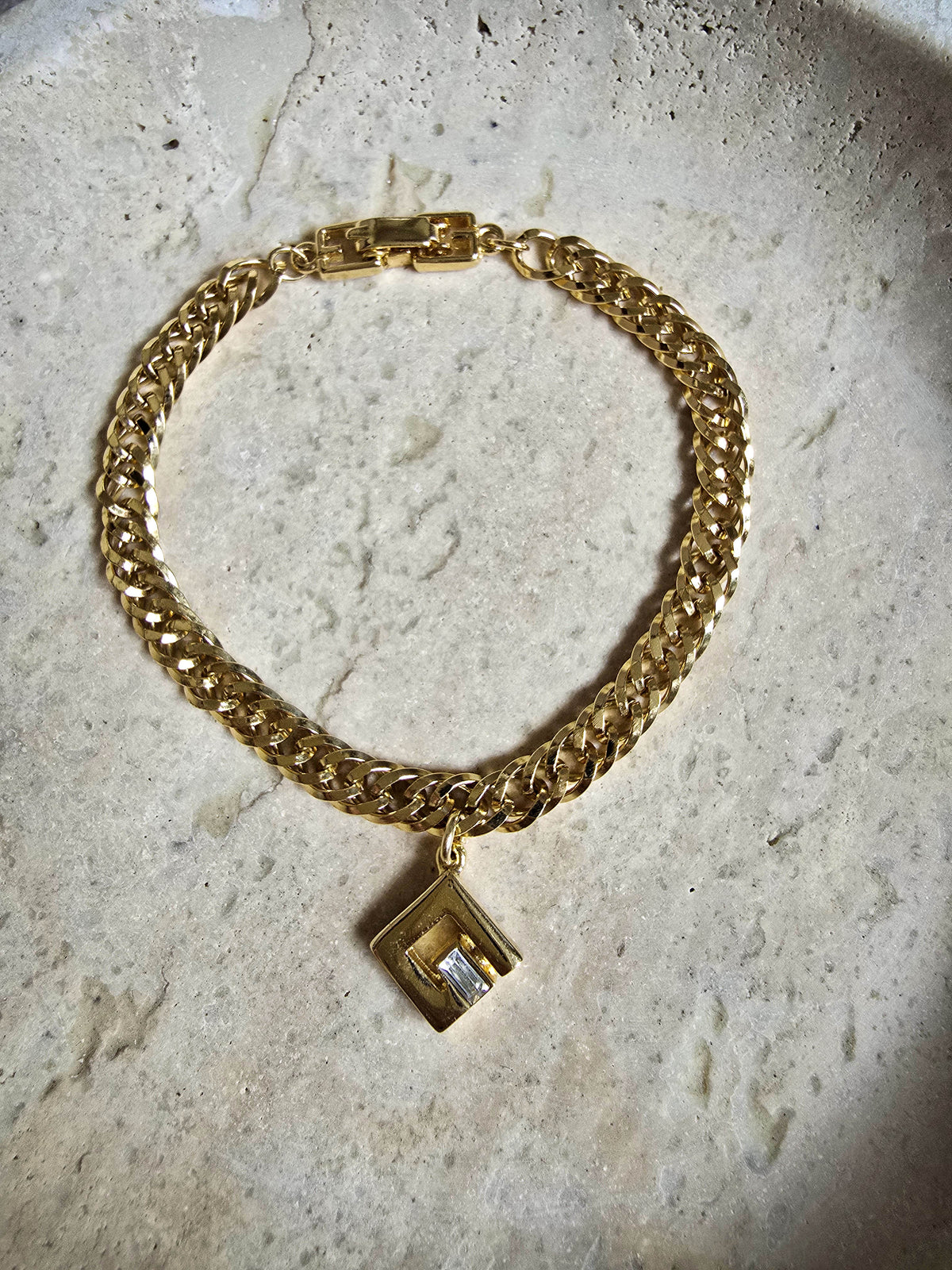 Vintage Givenchy Gold-Tone Chain Bracelet with Geometric Crystal Charm