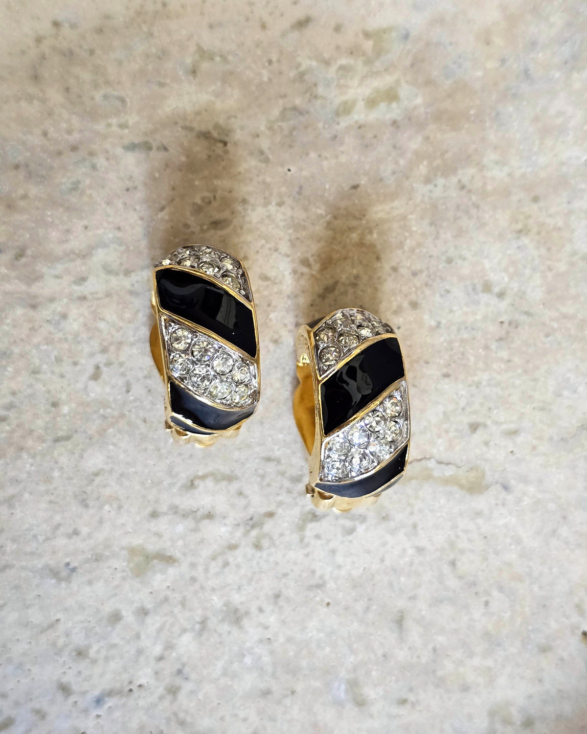 Vintage Nina Ricci Gold-Tone Clip-On Earrings with Black Enamel & Crystals