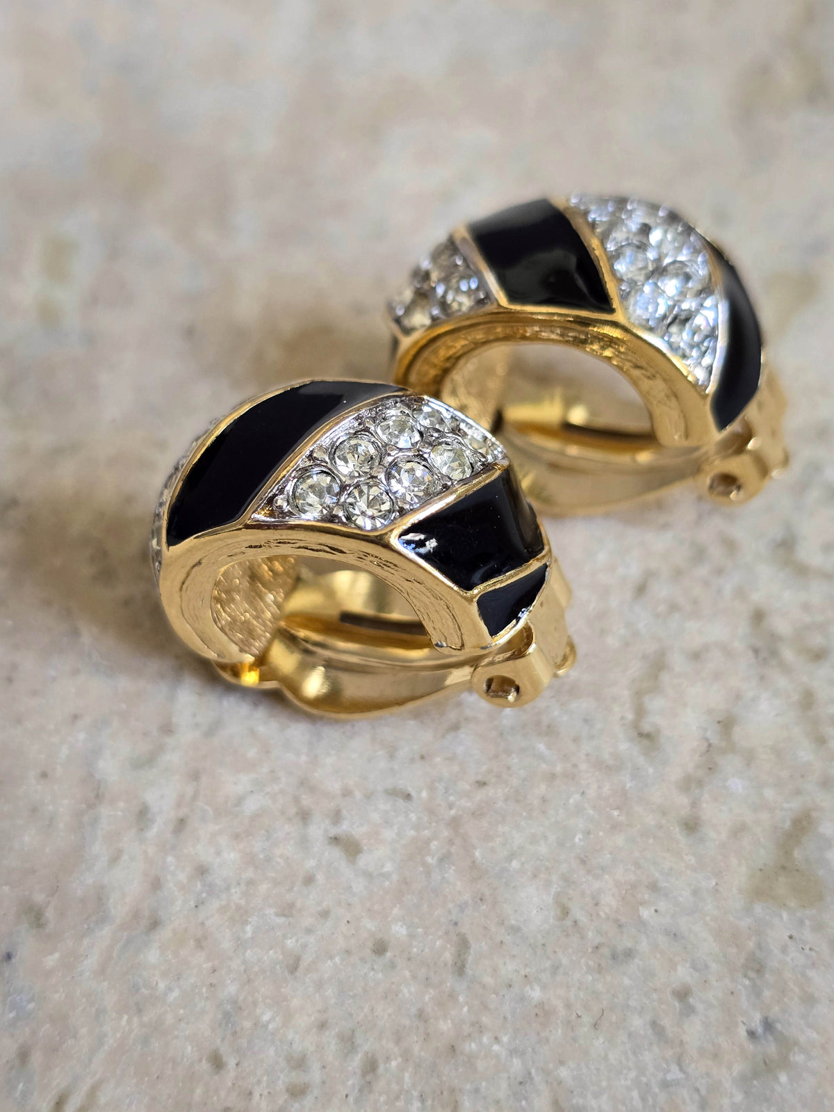 Vintage Nina Ricci Gold-Tone Clip-On Earrings with Black Enamel & Crystals