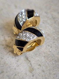 Vintage Nina Ricci Gold-Tone Clip-On Earrings with Black Enamel & Crystals