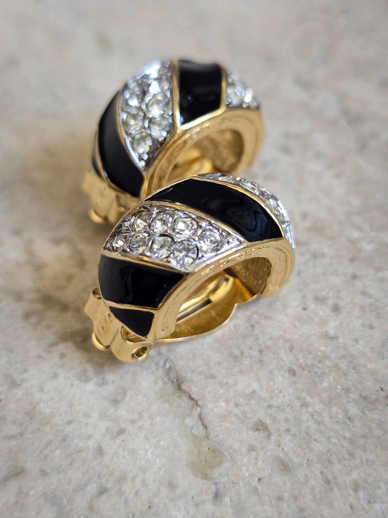 Vintage Nina Ricci Gold-Tone Clip-On Earrings with Black Enamel & Crystals