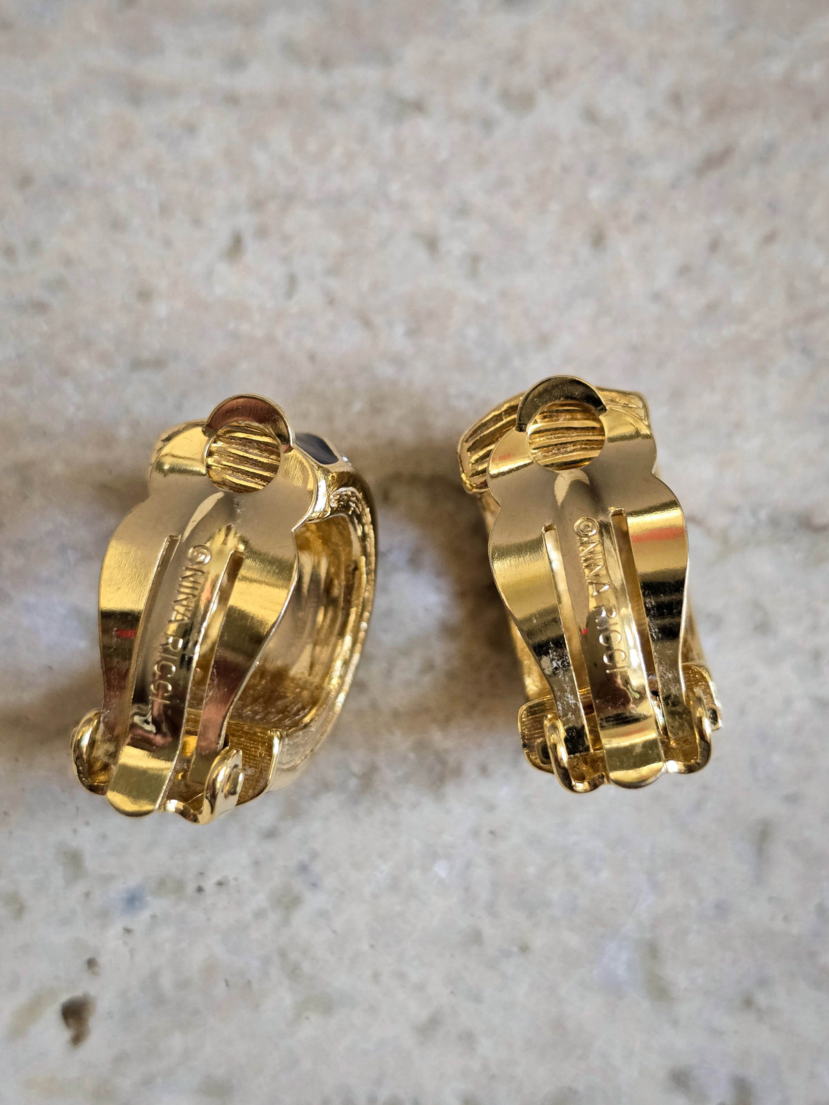 Vintage Nina Ricci Gold-Tone Clip-On Earrings with Black Enamel & Crystals
