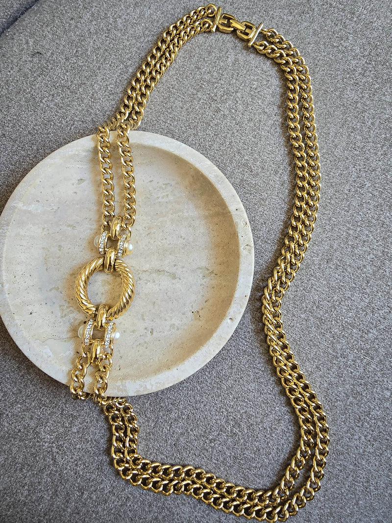 Vintage Givenchy Gold-Plated Chain Sautoir Necklace with Pearls & Crystals