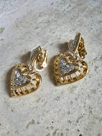 Nina Ricci Vintage Heart Drop Clip-On Earrings with Pavé Crystals