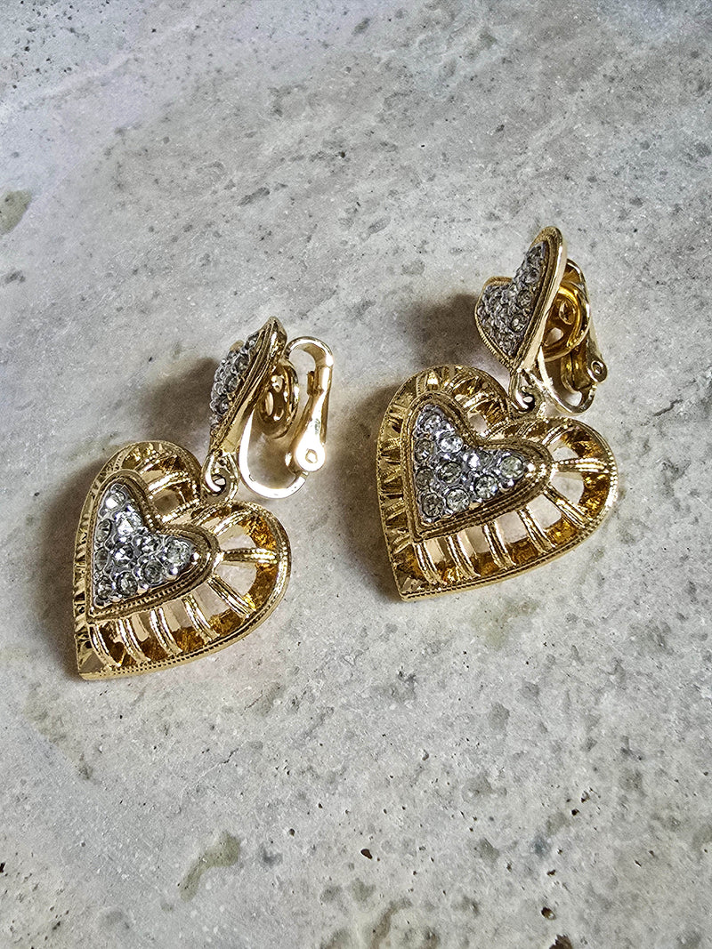 Nina Ricci Vintage Heart Drop Clip-On Earrings with Pavé Crystals