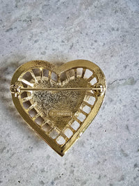 Nina Ricci Vintage Gold-Plated Heart Brooch with Pavé Crystals