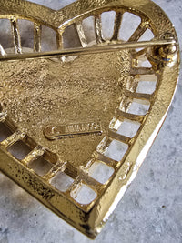 Nina Ricci Vintage Gold-Plated Heart Brooch with Pavé Crystals