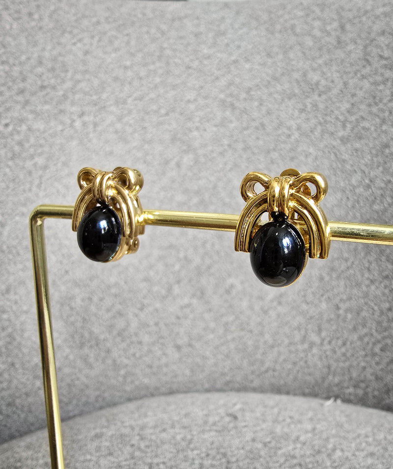 Vintage Nina Ricci Gold-Tone & Black Cabochon Clip-On Earrings