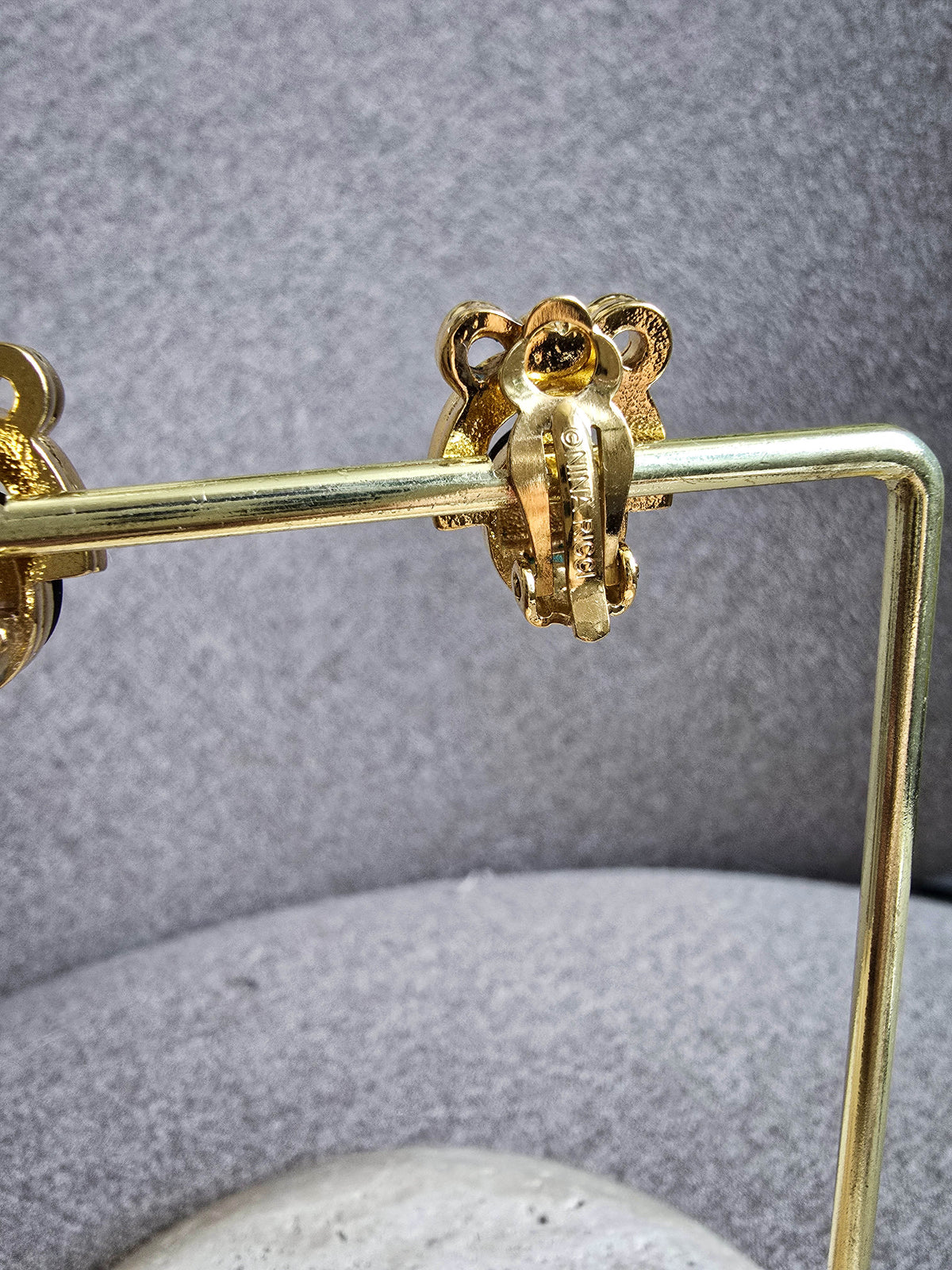 Vintage Nina Ricci Gold-Tone & Black Cabochon Clip-On Earrings