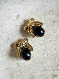 Vintage Nina Ricci Gold-Tone & Black Cabochon Clip-On Earrings