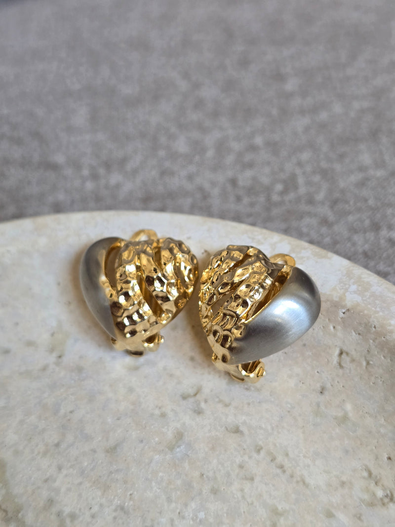 Vintage Pierre Cardin Gold & Brushed Silver-Tone Heart Clip-On Earrings