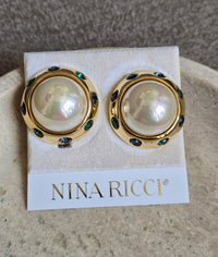 Vintage Nina Ricci Maxi Pearl & Rhinestones Clip-On Earrings