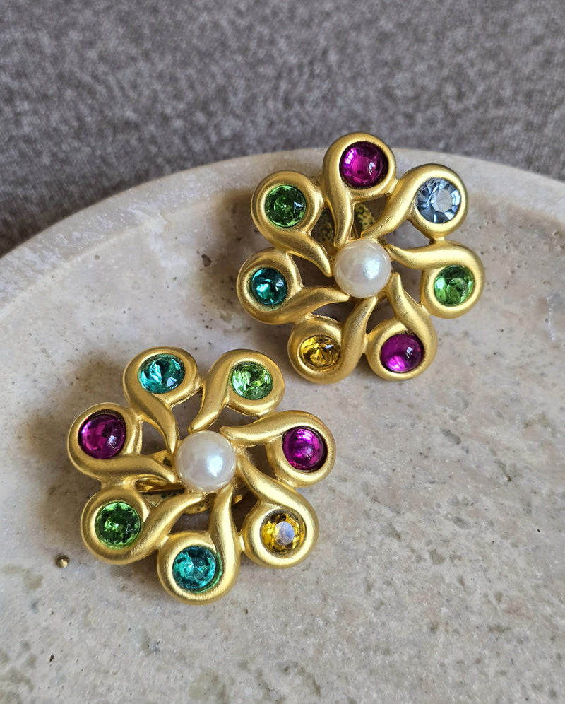 Vintage Givenchy Gold-Tone Floral Clip-On Earrings with Multicolor Crystals