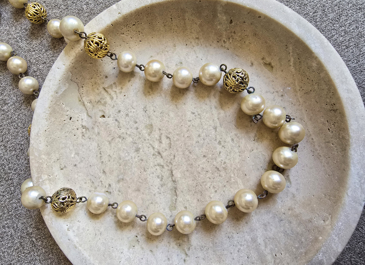 Vintage Sonia Rykiel Pearl Sautoir Necklace with Gold Filigree Beads and Tassel
