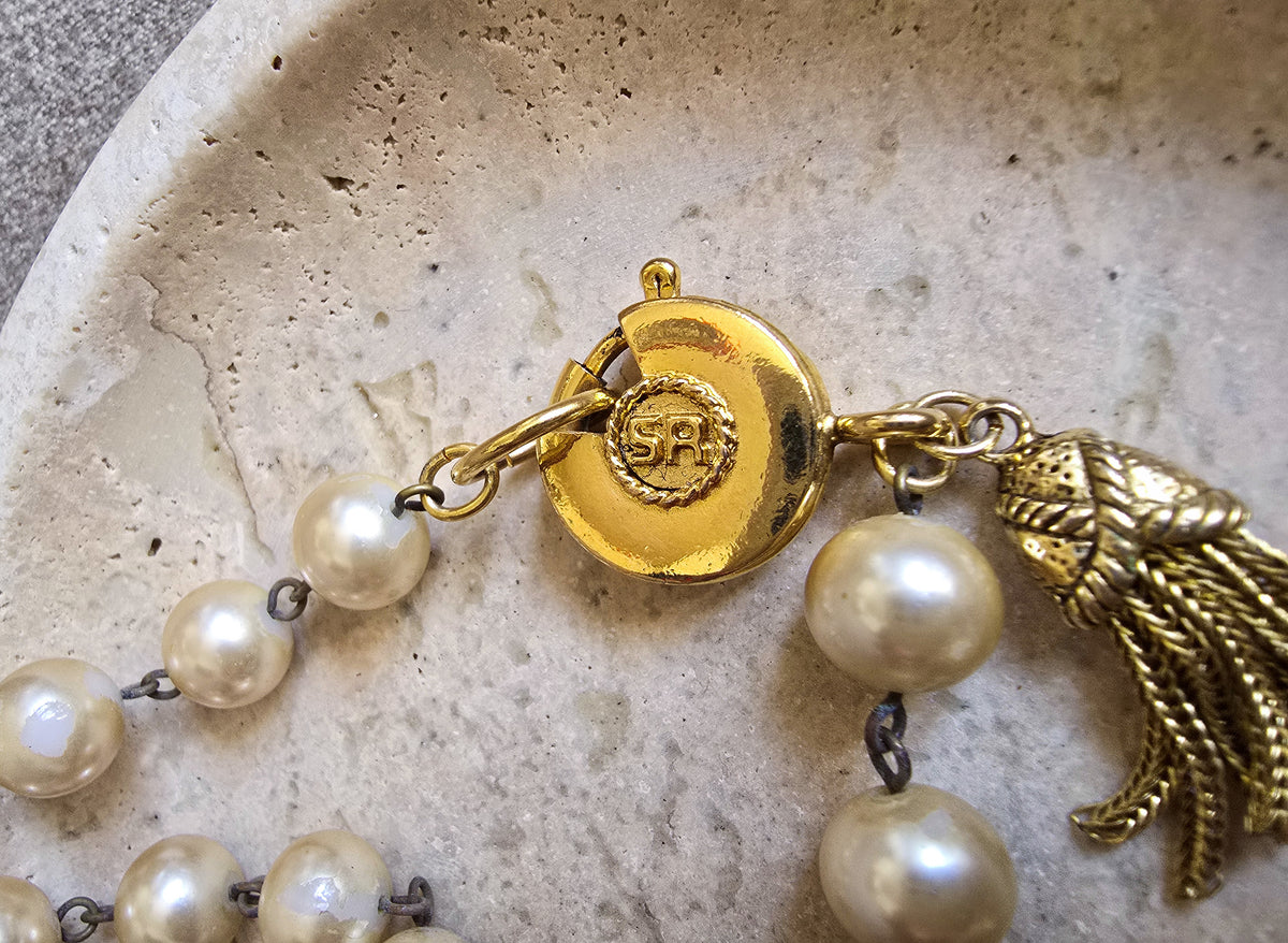 Vintage Sonia Rykiel Pearl Sautoir Necklace with Gold Filigree Beads and Tassel
