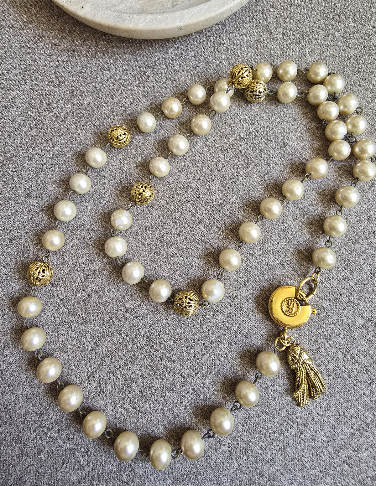 Vintage Sonia Rykiel Pearl Sautoir Necklace with Gold Filigree Beads and Tassel