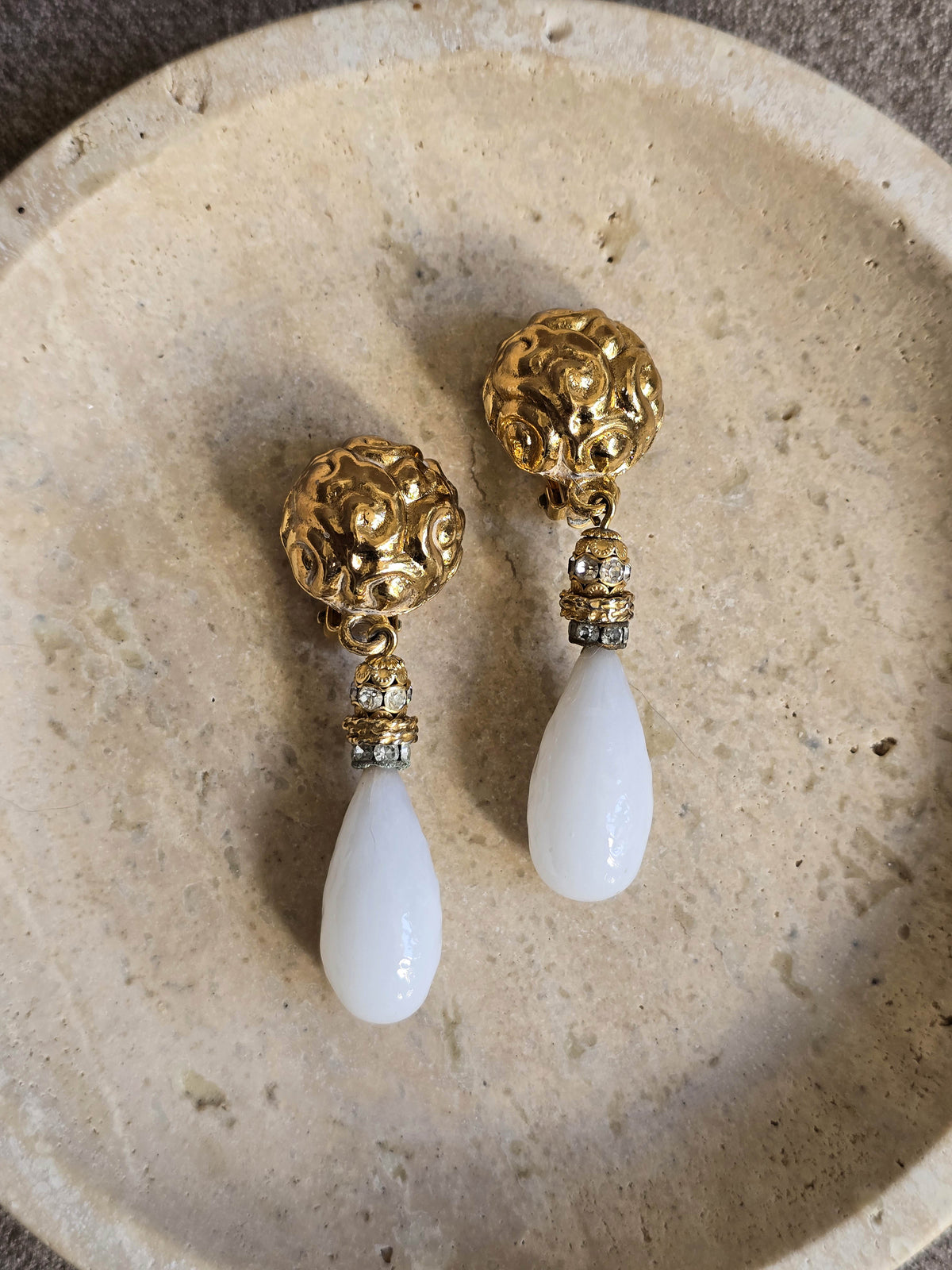 Yves Saint Laurent Vintage Gold and White Milk Glass Drop Earrings