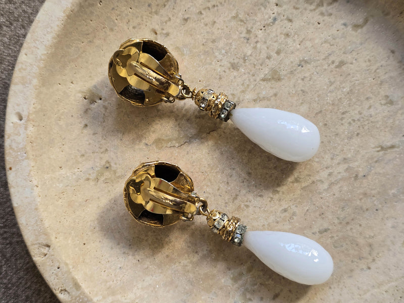Yves Saint Laurent Vintage Gold and White Milk Glass Drop Earrings