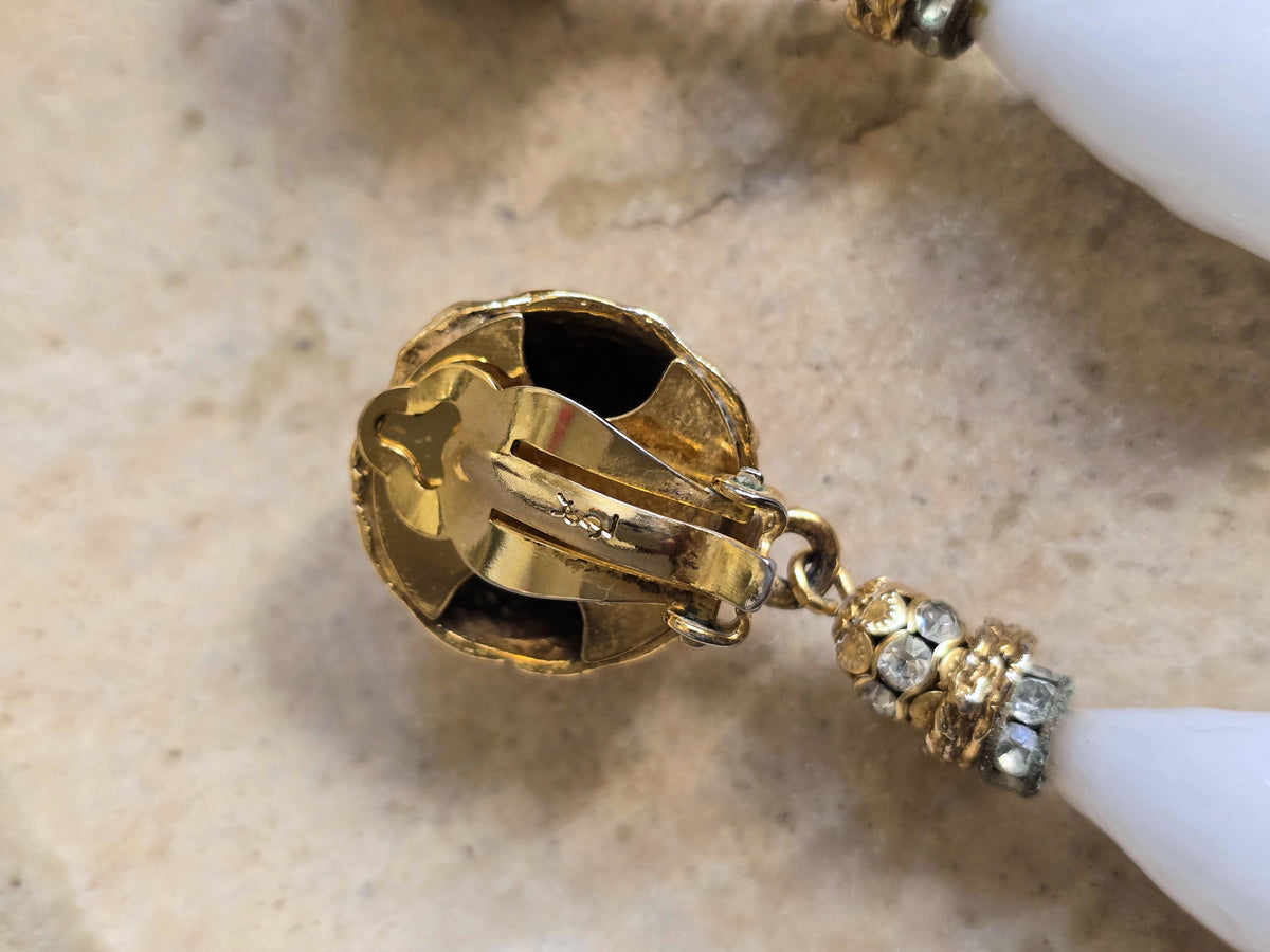 Yves Saint Laurent Vintage Gold and White Milk Glass Drop Earrings
