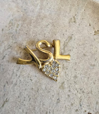 Vintage YSL Logo Heart Brooch with Rhinestones