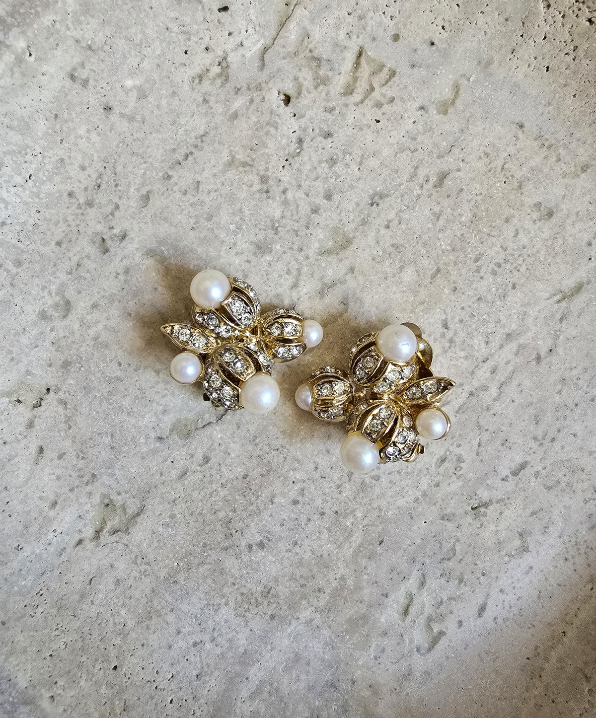 Vintage Nina Ricci Gold-Tone Faux Pearl & Rhinestone Floral Clip-On Earrings