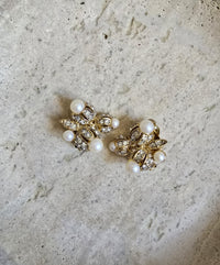 Vintage Nina Ricci Gold-Tone Faux Pearl & Rhinestone Floral Clip-On Earrings