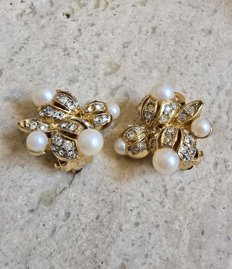 Vintage Nina Ricci Gold-Tone Faux Pearl & Rhinestone Floral Clip-On Earrings