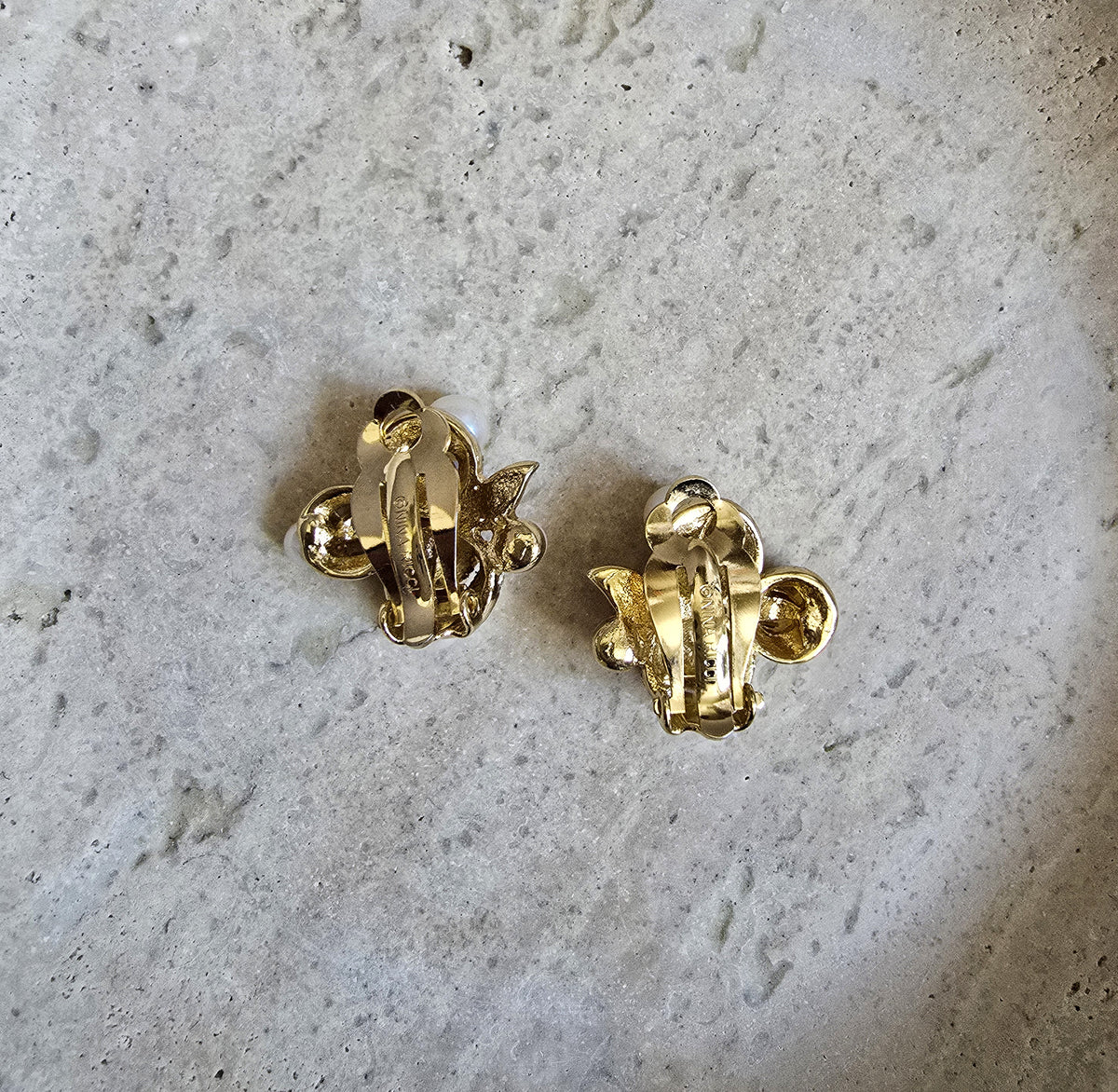 Vintage Nina Ricci Gold-Tone Faux Pearl & Rhinestone Floral Clip-On Earrings