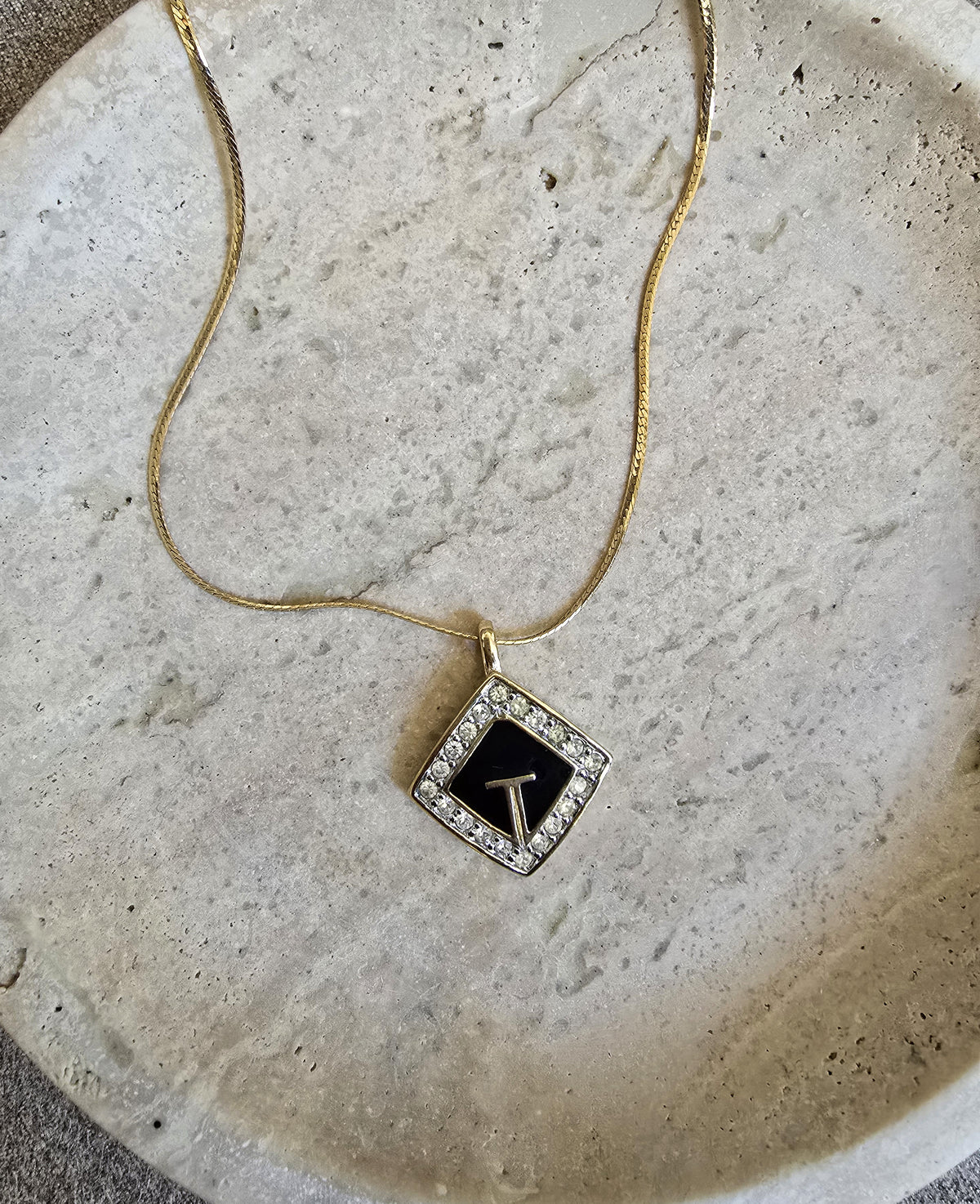 Vintage Black Enamel & Gold-Tone Diamond-Shaped Pendant Necklace with Clear Rhinestones