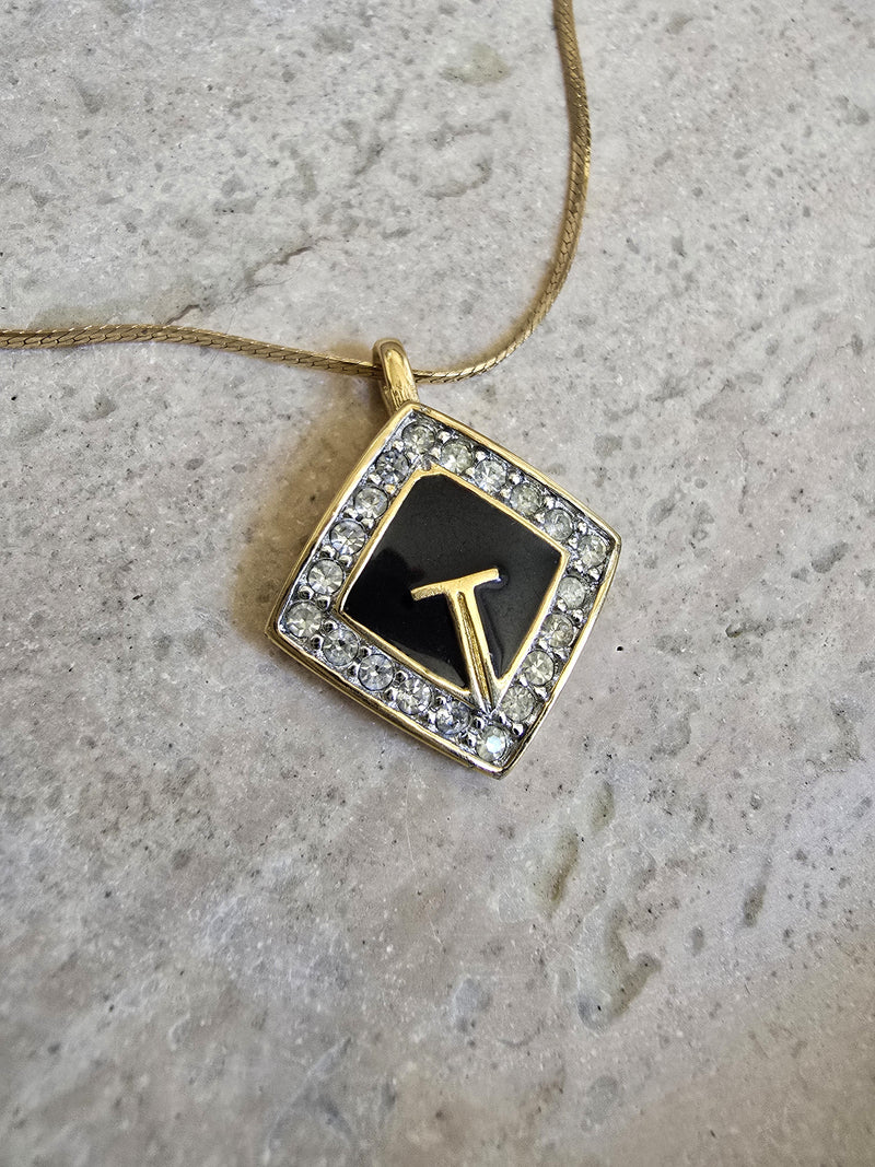 Vintage Black Enamel & Gold-Tone Diamond-Shaped Pendant Necklace with Clear Rhinestones