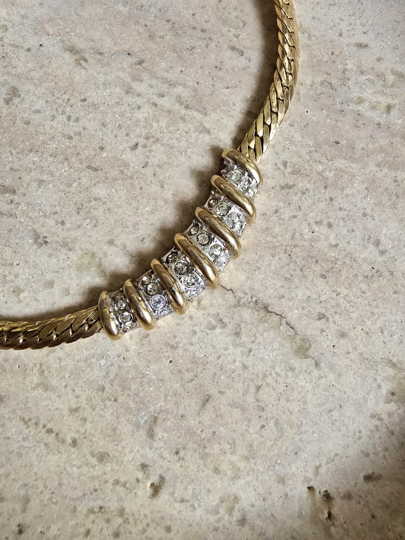 Vintage Nina Ricci Gold-Tone Rhinestone Necklace with Woven Chain