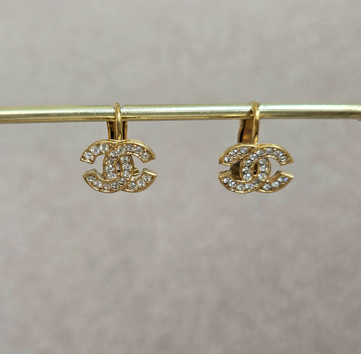 Vintage Chanel 1992 Gold-Plated Crystal CC Logo Clip-On Earrings