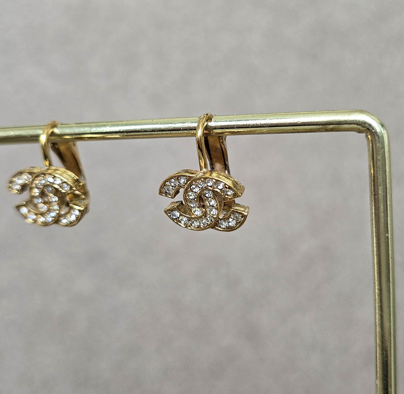 Vintage Chanel 1992 Gold-Plated Crystal CC Logo Clip-On Earrings