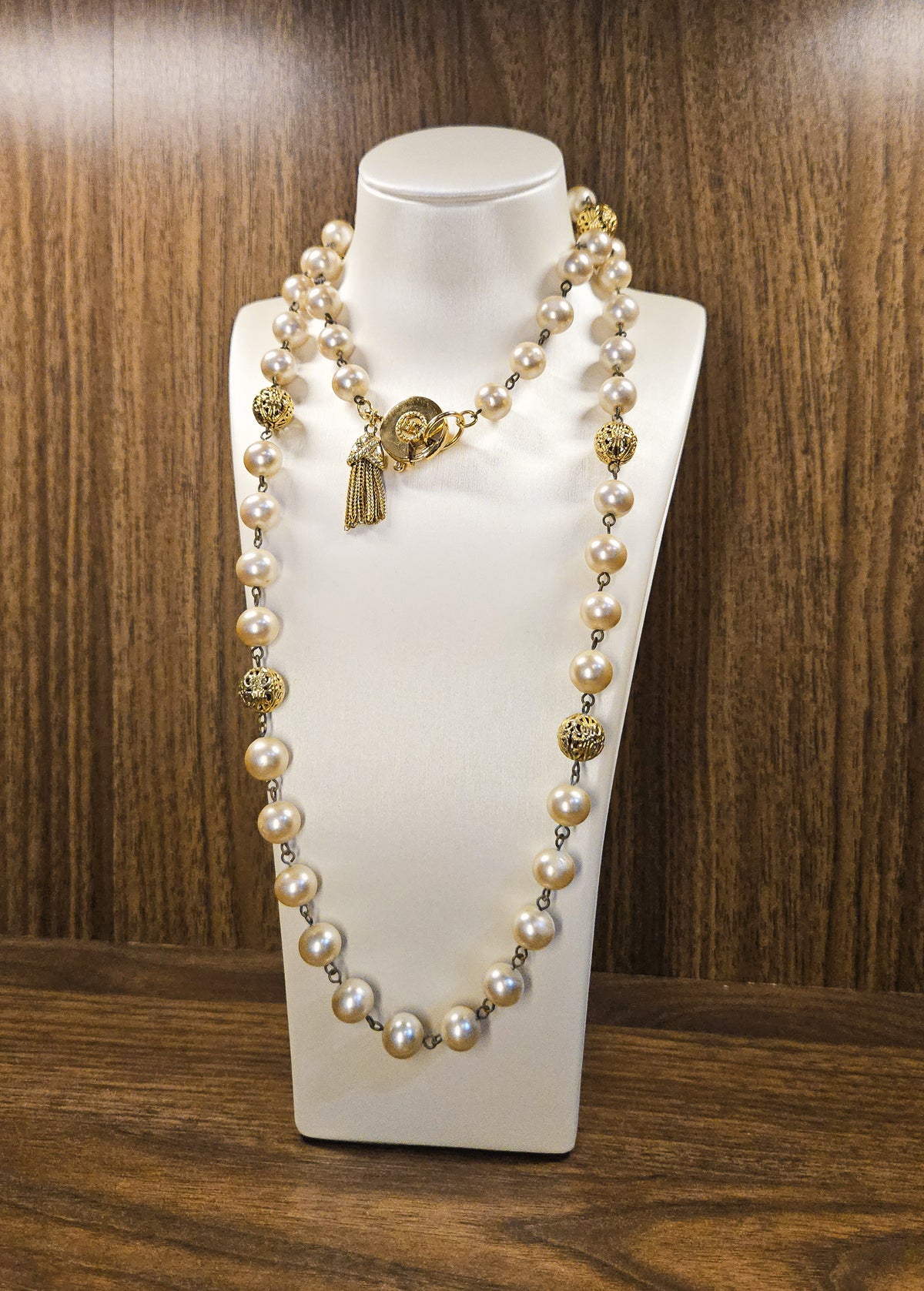 Vintage Sonia Rykiel Pearl Sautoir Necklace with Gold Filigree Beads and Tassel