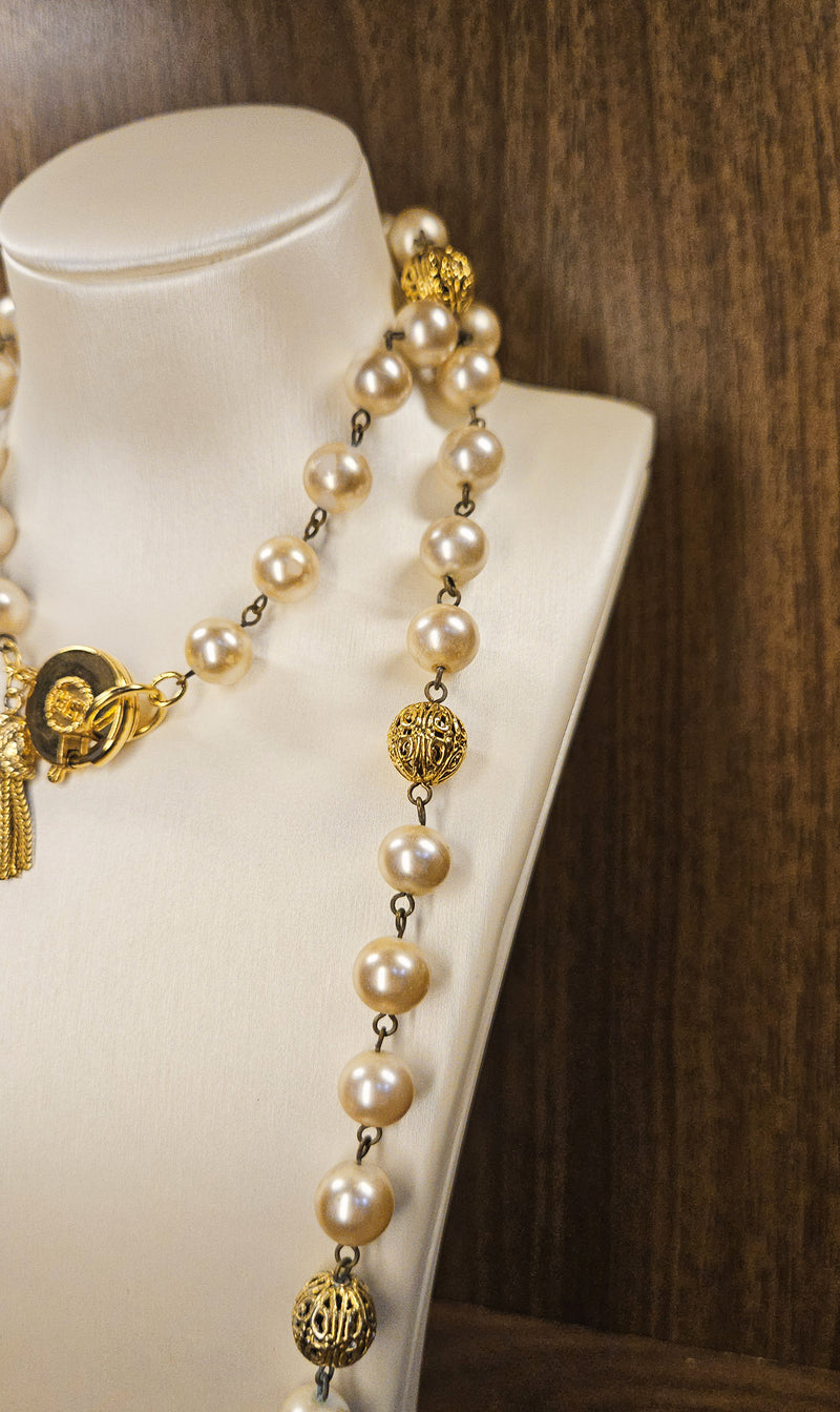 Vintage Sonia Rykiel Pearl Sautoir Necklace with Gold Filigree Beads and Tassel