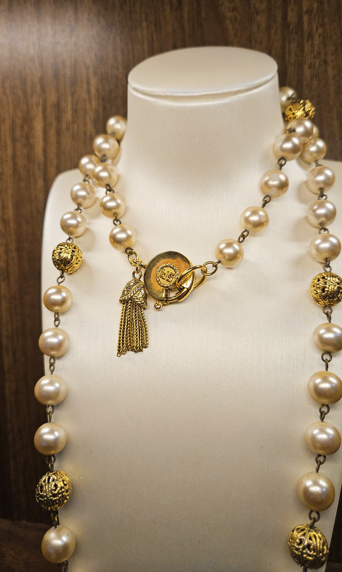 Vintage Sonia Rykiel Pearl Sautoir Necklace with Gold Filigree Beads and Tassel