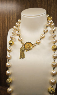 Vintage Sonia Rykiel Pearl Sautoir Necklace with Gold Filigree Beads and Tassel