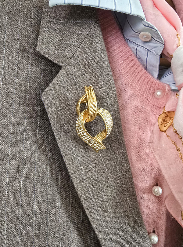 Yves Saint Laurent Vintage Gold Ribbon Link Brooch with Rhinestones