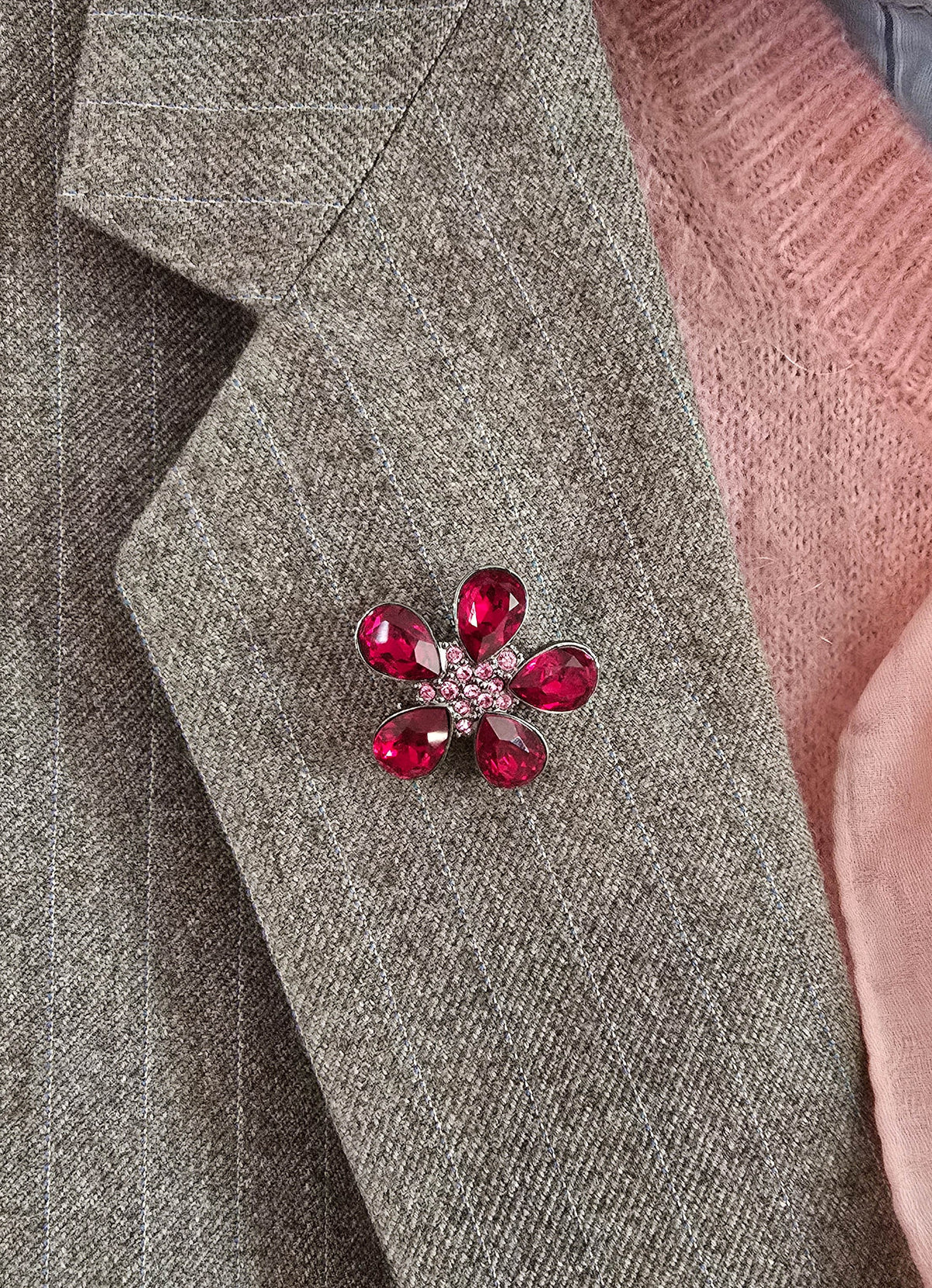 Givenchy Vintage Mini Flower Brooch with Ruby Pink Crystals