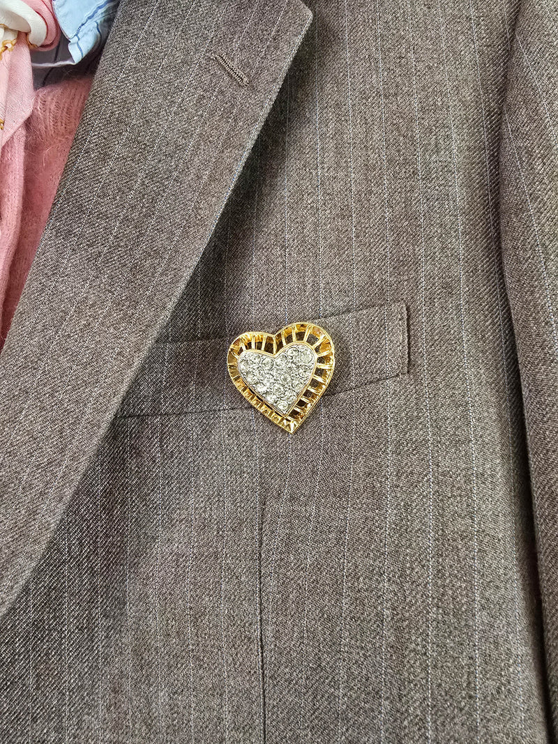 Nina Ricci Vintage Gold-Plated Heart Brooch with Pavé Crystals