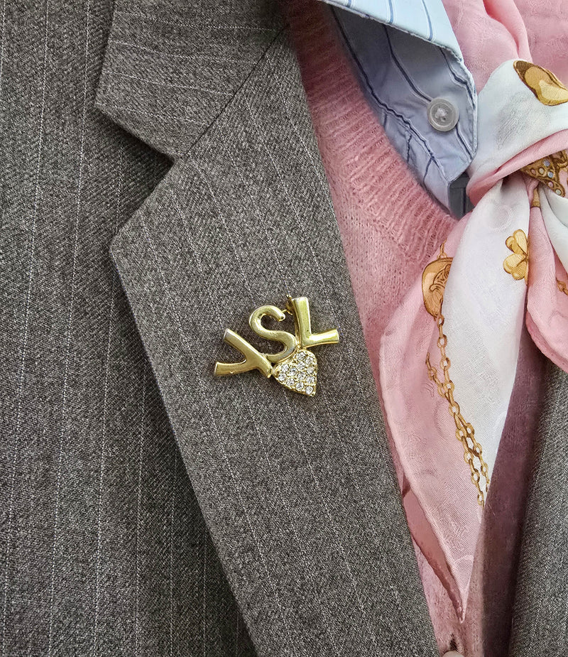 Vintage YSL Logo Heart Brooch with Rhinestones