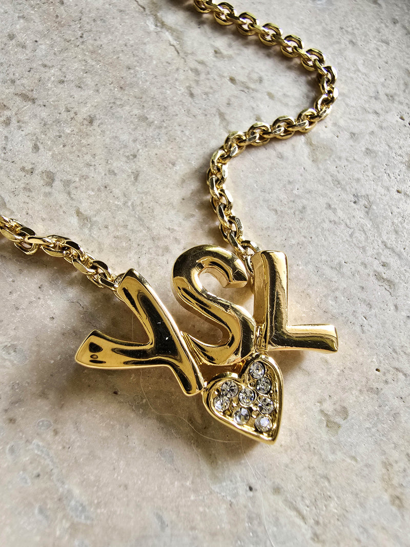 1990s YSL Gold-Plated Necklace with Crystal Heart Pendant