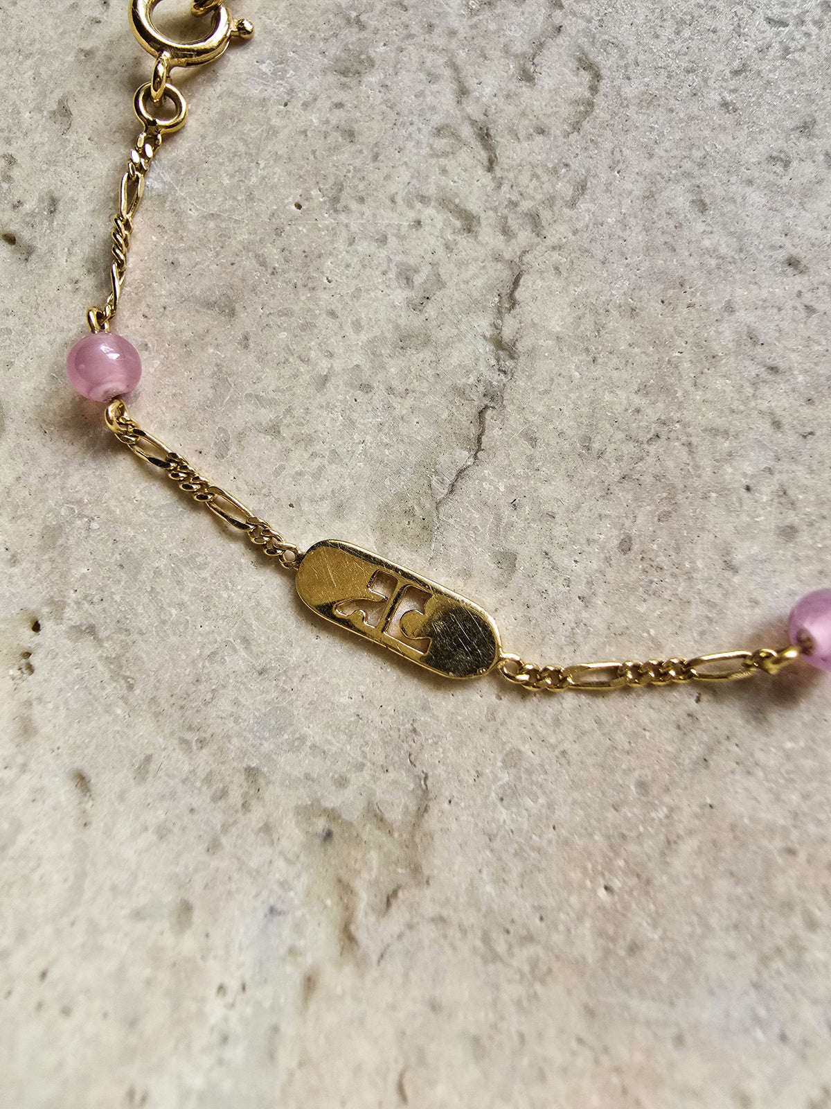 Courrèges Vintage Gold-Tone Pink Bead Logo Bracelet