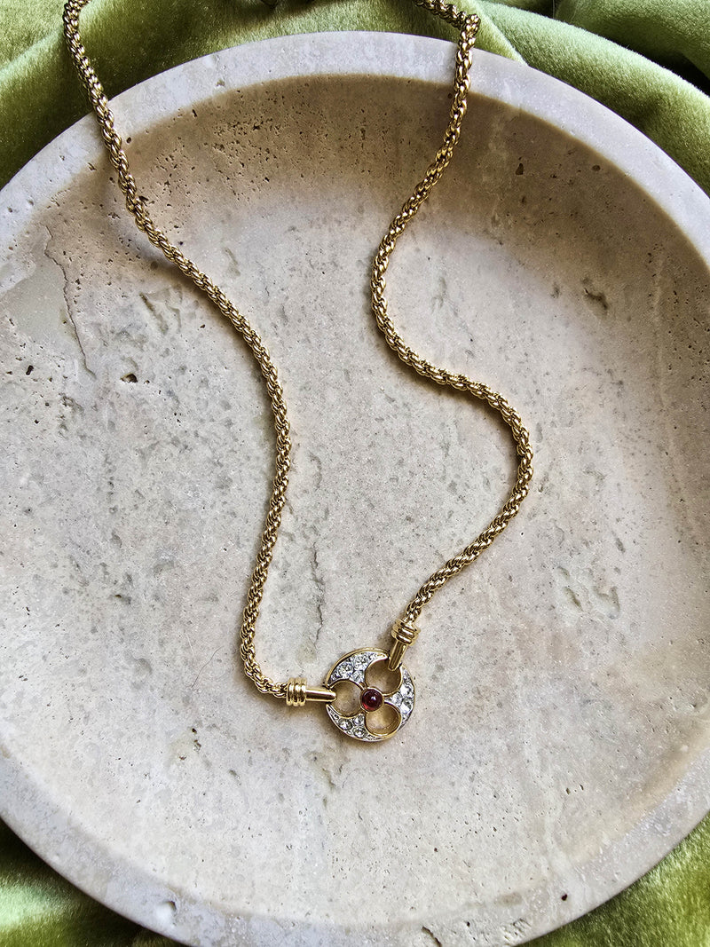 Nina Ricci Necklace with Rhinestone & Red Cabochon Pendant