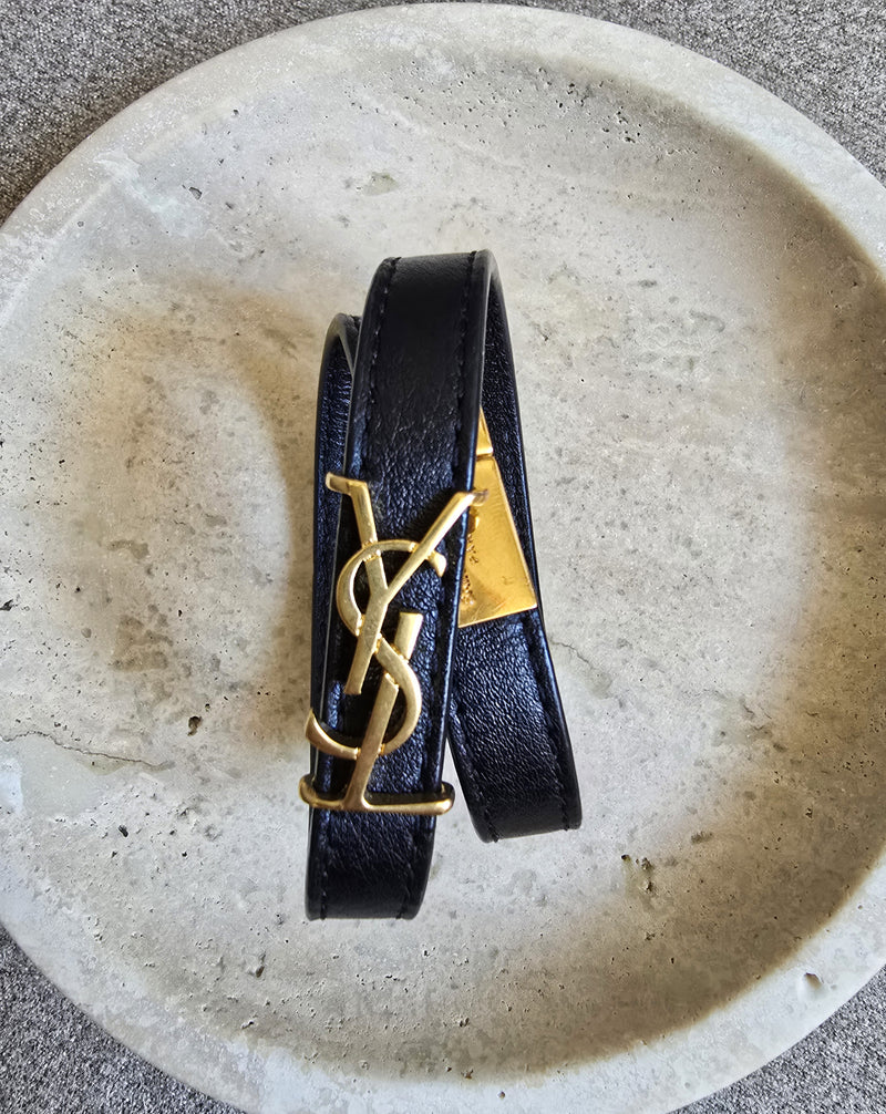 YSL Bracelet Black Leather Double Wrap