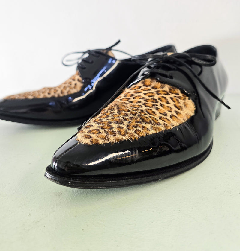 Celine SS20 Hedi Slimane Leopard Print Patent Leather Pointed Toe Derbies